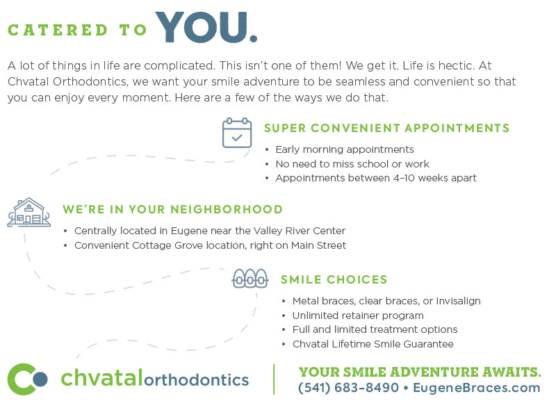 Chvatal Orthodontics service overview highlighting convenient appointments, neighborhood location, smile choices, and adventure awaits messaging.