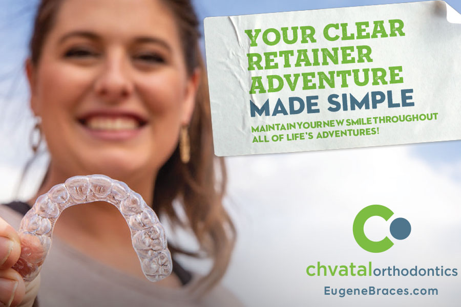 Woman holding clear retainer smiling at camera with Chvatal Orthodontics branding and text about clear retainer adventures.