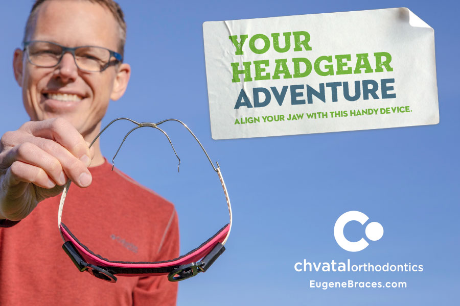 Man wearing glasses holding headgear with text "Your Headgear Adventure" against blue background, Chvatal Orthodontics branding.