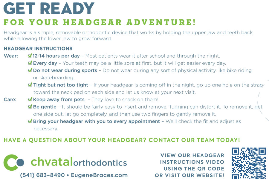 Chvatal Orthodontics headgear care instructions with contact information and QR code.