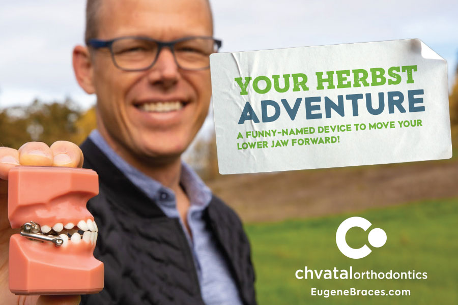 Man in glasses holding orthodontic model outdoors with "Your Herbst Adventure" sign, Chvatal Orthodontics branding visible.