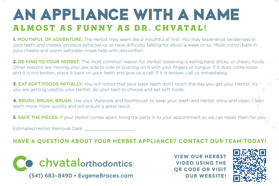 Chvatal Orthodontics marketing flyer featuring humorous appliance names and contact information with QR code.