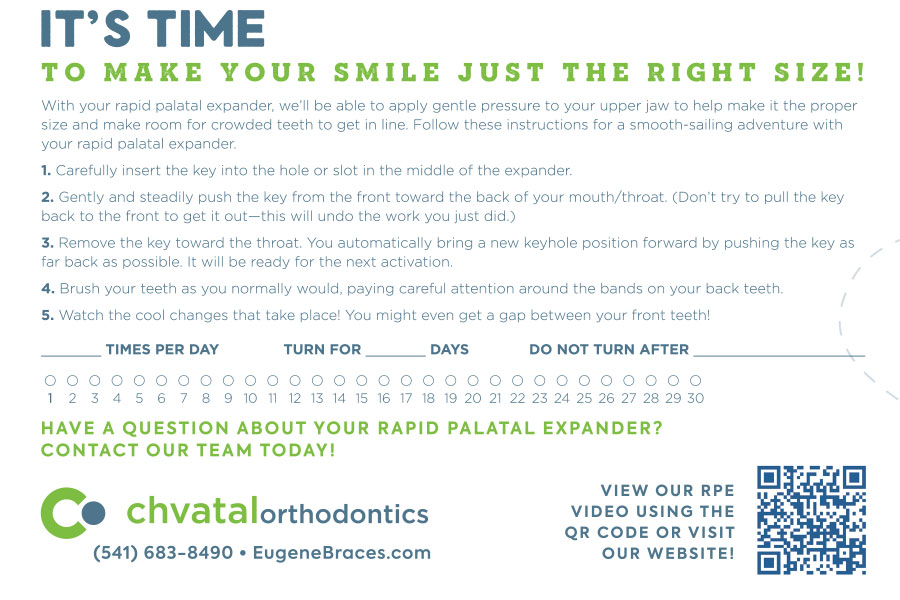 Chvatal Orthodontics promotional material about rapid palatal expansion treatment with QR code and contact information.