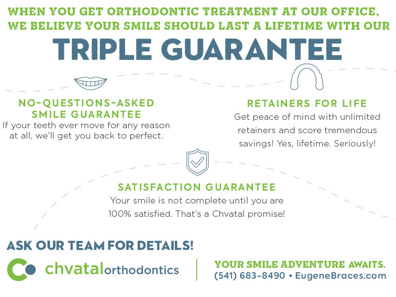 Chvatal Orthodontics triple guarantee promotion featuring no-questions-asked smile guarantee, lifetime retainers, and satisfaction guarantee.